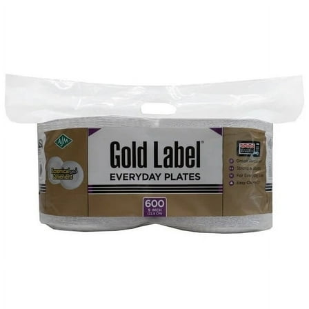 AJM Gold Label Everyday Paper Plates, 9", White, 600 Count