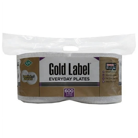 AJM Gold Label Everyday Paper Plates, 9", White, 600 Count