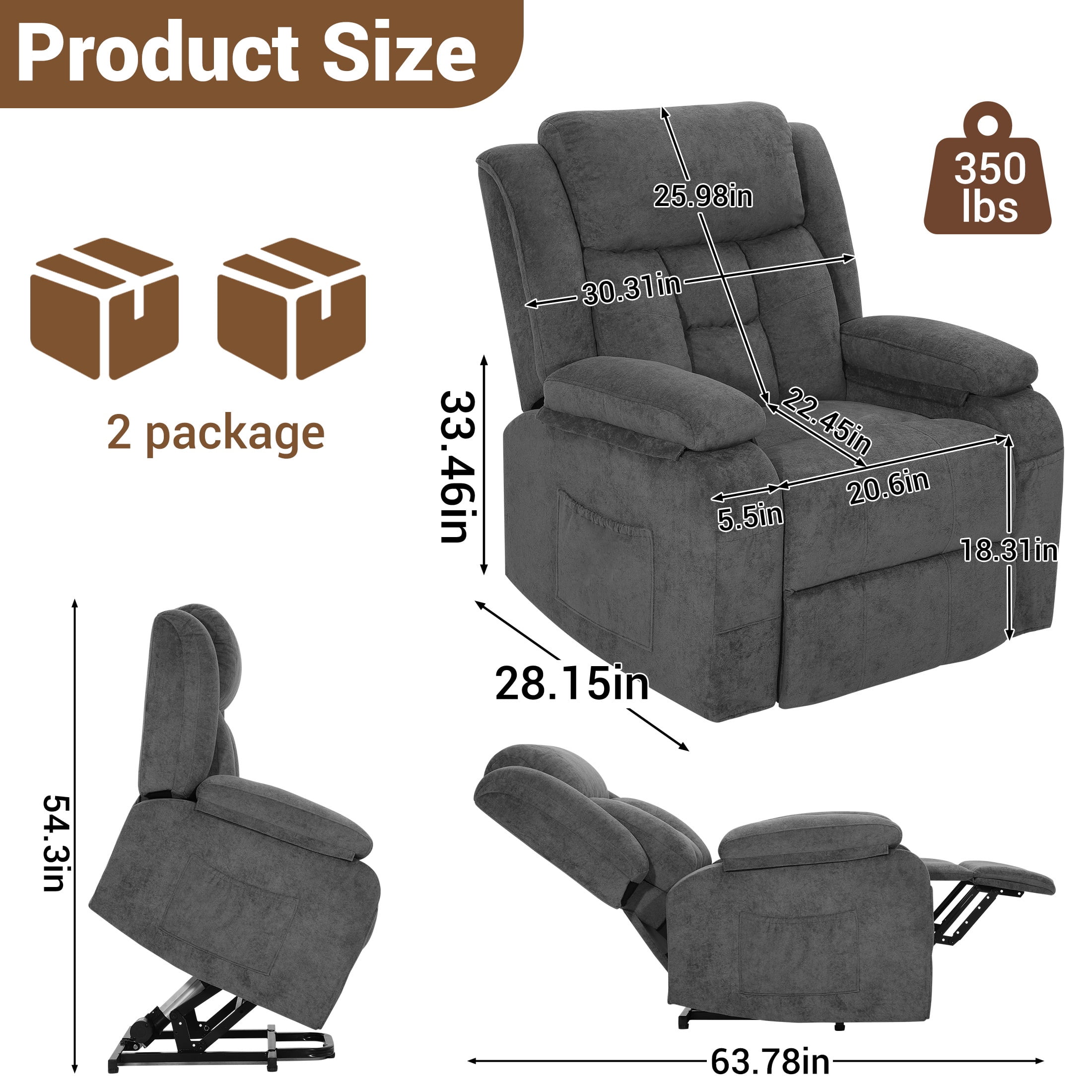 HSUNNS Power Lift Recliner Chair for Elderly, Overstuffed Wide Recliners for Adults, Heavy Duty Recliner Sofa and Safety Motion Reclining Mechanism, 45°-135° Recline, 350lb Capacity, Grey