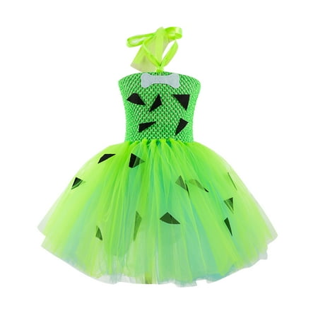 

GWAABD Girls Spring Dress Green Polyester Toddler Kids Girls Dog Bone Role Play Fancy Mesh Tulle Princess Dress 3Y