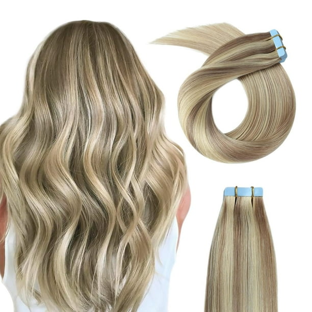 YILITE Cinta en extensión de cabello Remy Color 18 Rubio ceniza resaltado 613 Extensiones de cabello rubio blanqueador #P18/613 Rubio ceniza resaltado Rubio blanqueador (12 pulgadas P18/613)