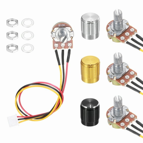 Uxcell 3Pcs WH-148 Potentiometer 3Pins B10K±20% Ohm Linear Taper Rotary Potentiometer XH2.54 Variable Resistor Potentiometers with 3 Aluminum Knobs for Audio Equipment, DIY Electronics