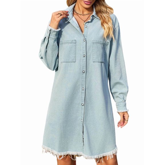 Women'S Vintage Washed Denim Loose Casual Long Sleeve Raw Edge Dress Light Blue M