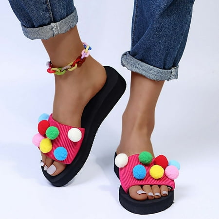 

AXXD Sandals Women Sandals Wedge Heel Outer Wear Colorful Balls Easy To Put On And Take Off Slippers Home Shoes(8.5 Red)