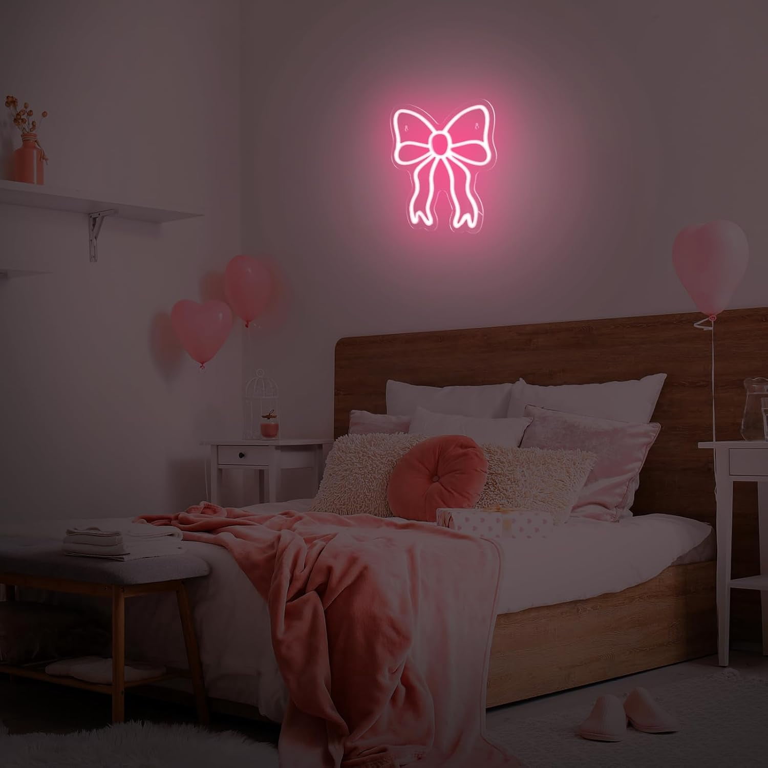Pink Bow LED Neon Sign Bedroom Women Room Neon Light Sign Coquette Aesthetic Home Wall Preppy Dorm Beauty Room Salon Decor Party Bar Decoration Gift for Her 11.8x11.8in