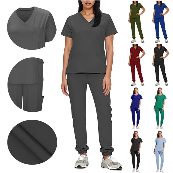 QATAINLAV Black Scrubs Sets for Women Henley Zipper Short Sleeve Tops High Elastic Casual Jogger Solid Color Medical Uniform Work Outfits S