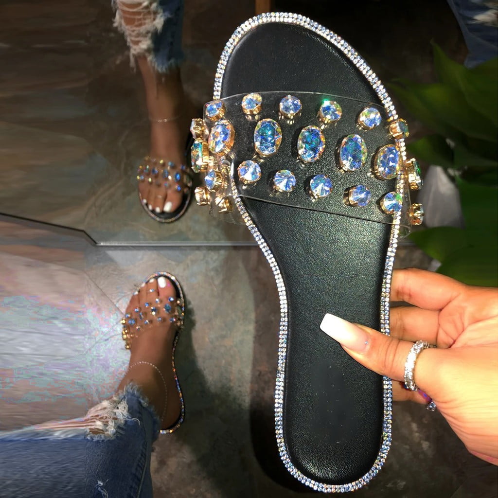 Womens Open Toe Flat Transparent PVC Slippers Sandals Beach Summer Slip On Shoes 