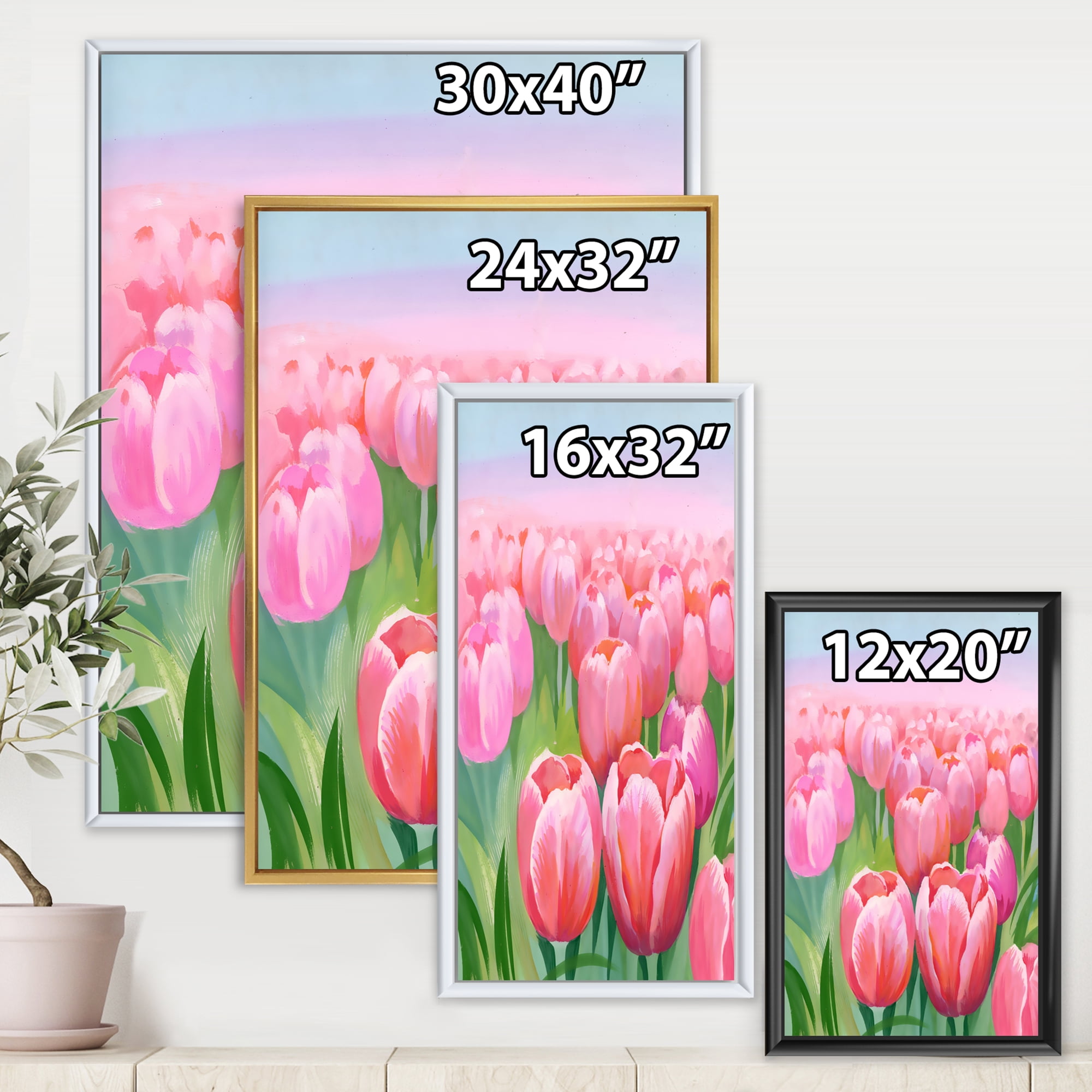 Designart 'Pink Tulips in Field' Traditional Framed Canvas Wall Art Print