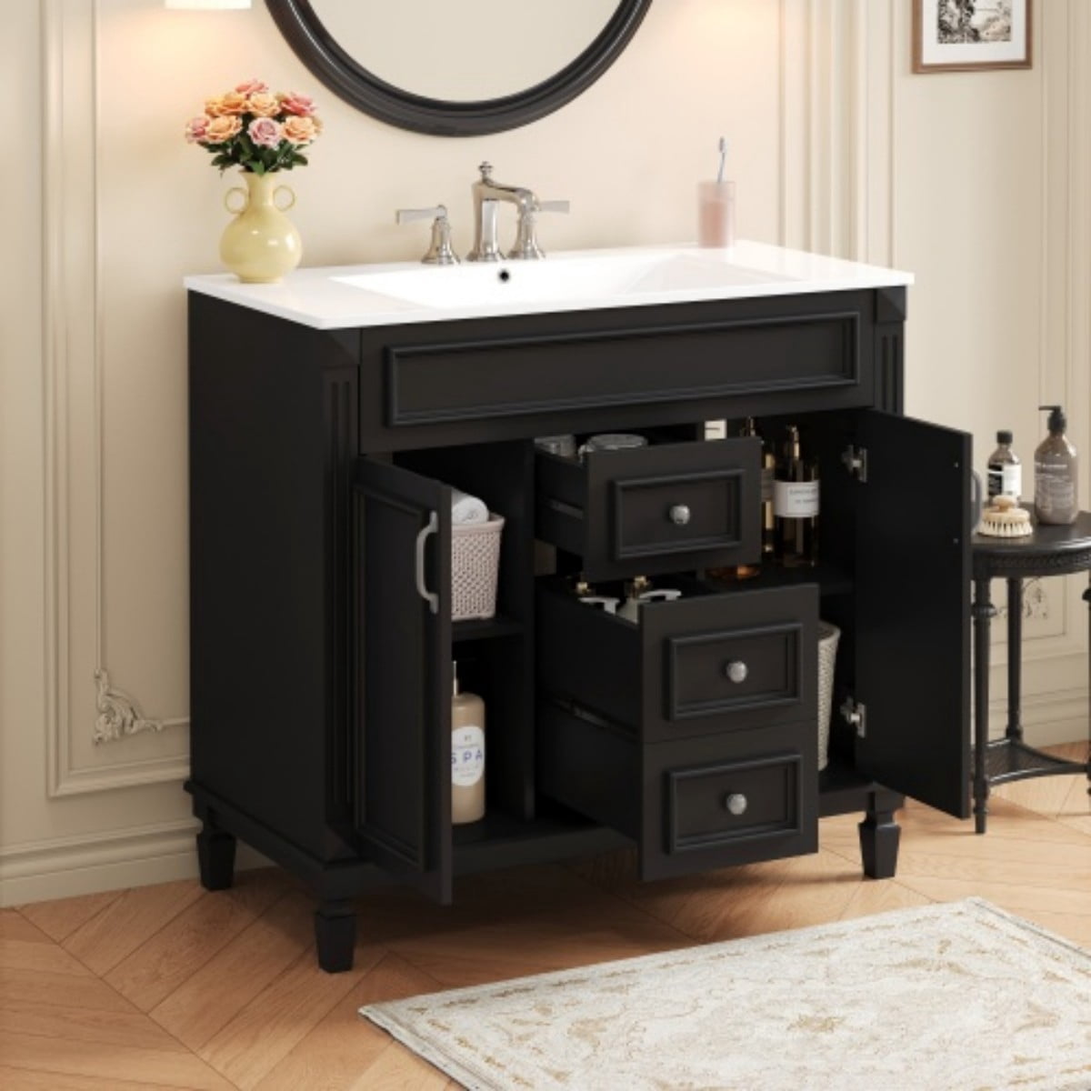 36" Bathroom Vanity with Sink, Modern Freestanding Bathroom Vanity Cabinet with Ceramic Basin, Solid Wood Frame, 2 Soft Close Doors, 2 Drawers, Adjustable Shelf, Black