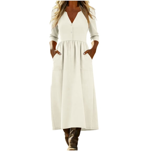 Ygbgbb Women's 3/4 Sleeve Maxi Dresses 2026 Spring Fall Casual V Neck Dresses Cotton Linen Dresses Flowy Boho Modest Trendy Summer Vacation Dress Khaki M