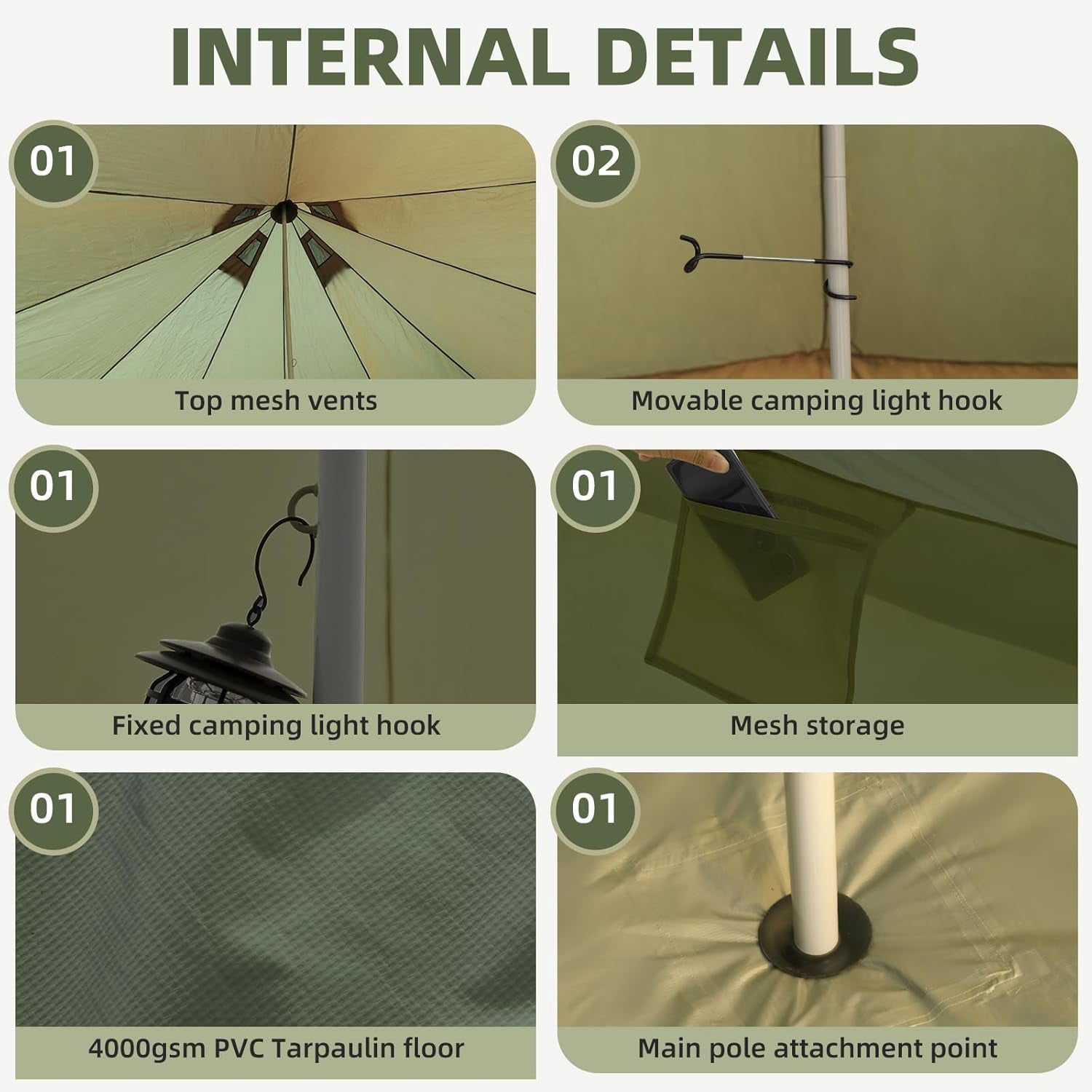 Bell Tent with Stove Jack, Green 4 Season Waterproof Glamping Yurt Tent, 13.1 FT Oxford Family Camping Tent Fits 6- 8 People for Outdoor Parties