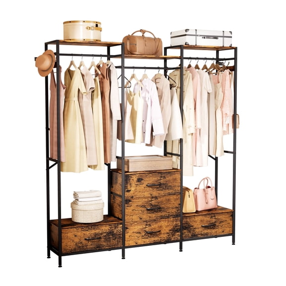 Enogets Freestanding Closet Organiser with 5 Drawer, Big Garment Hanging Rack, Wardrobe Storage Organizer for Bedroom, Living Room