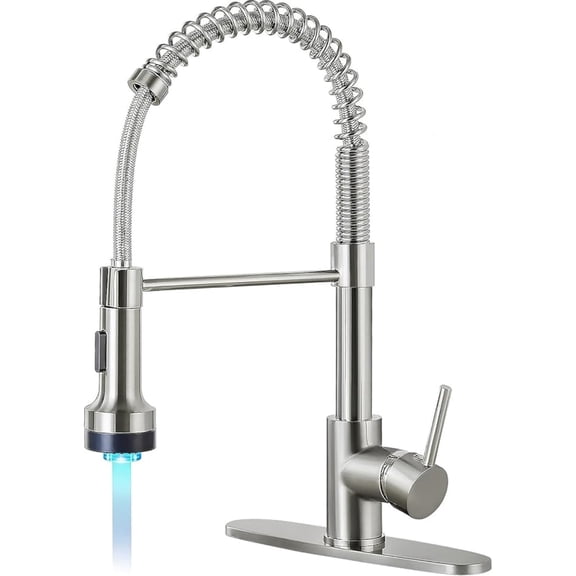 Kitchen Faucets with Pull Down Sprayer Brushed Nickel LED Light Single Handle 1 or 3 Holes Spring Kitchen Sink Faucet with Deck Plate for Farmhouse Vessel Basin