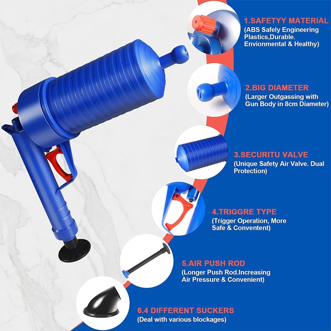 High Pressure Air Drain Blaster Gun with 4 Suckers, Toilet Plunger & Pipe Clog Remover for Bathroom, Kitchen, Sink, Bathtub, Floor Drain