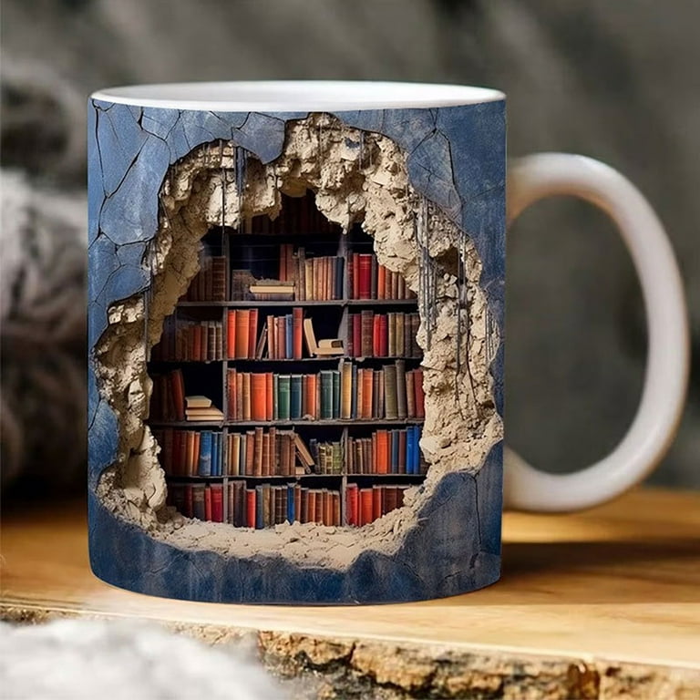 Microwave Safe Coffee Mug Professionally Printed Coffee Mug 3D Bookshelf Mug Ceramic Water Cup with Handle Library Shelf Space for Book for Readers