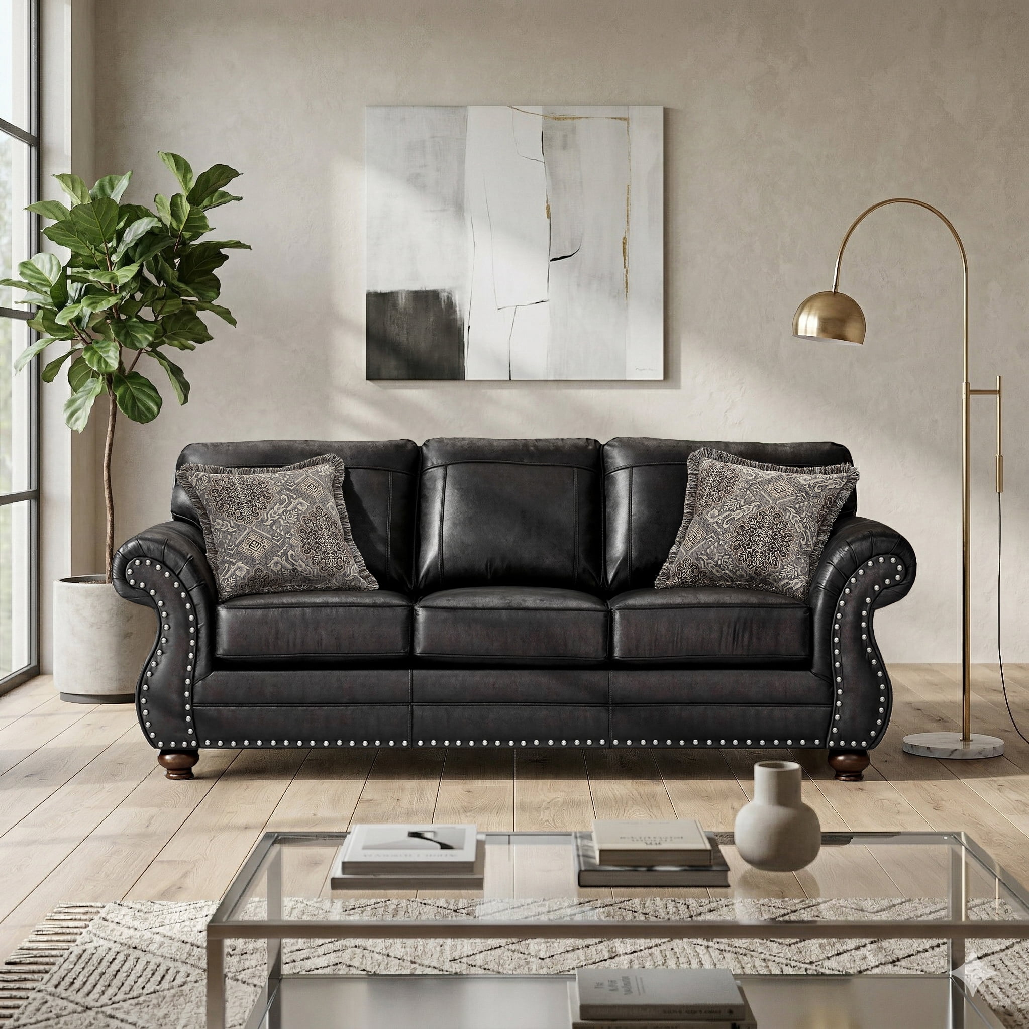 Roundhill Furniture Leinster 2-Piece Living Room Set, Sofa and Loveseat, Black
