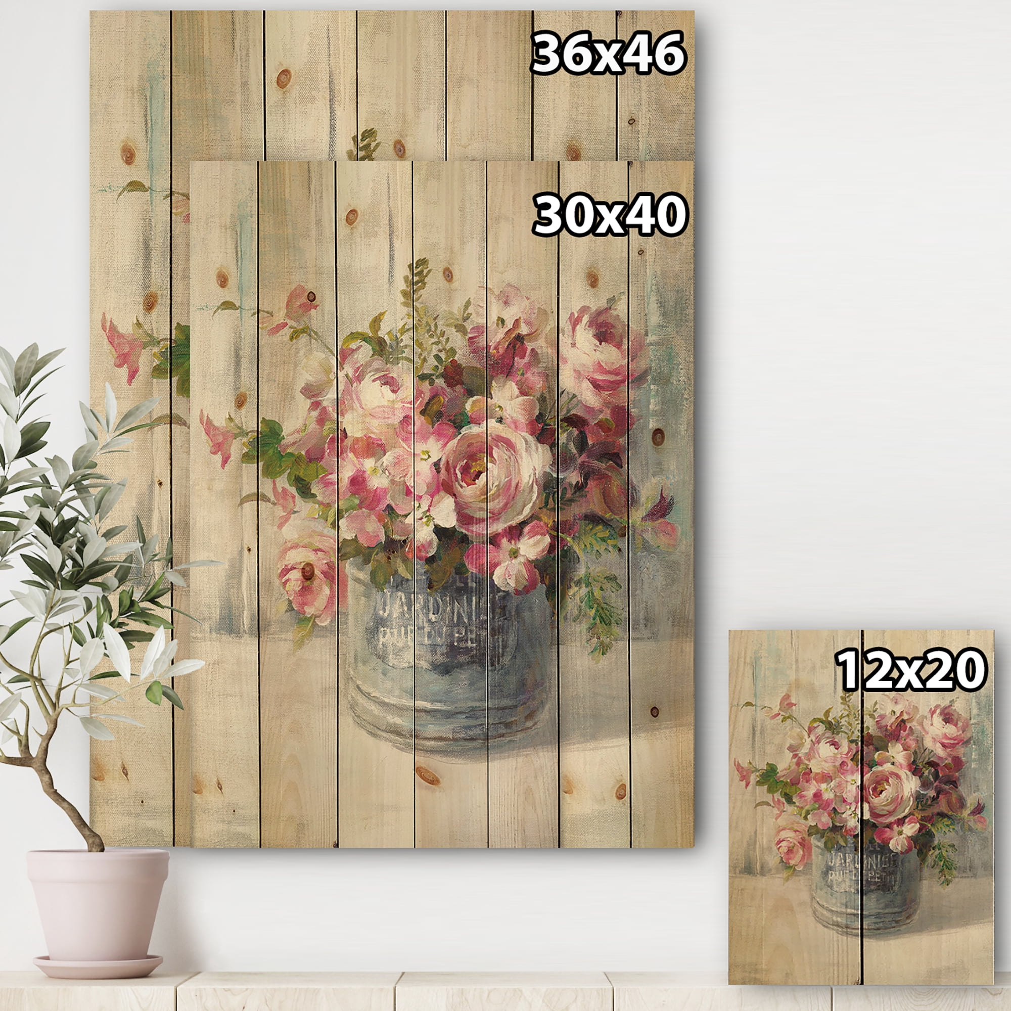 Designart 'Maison Des Fleurs Flower Buquet III' Cabin & Lodge Print on Natural Pine Wood