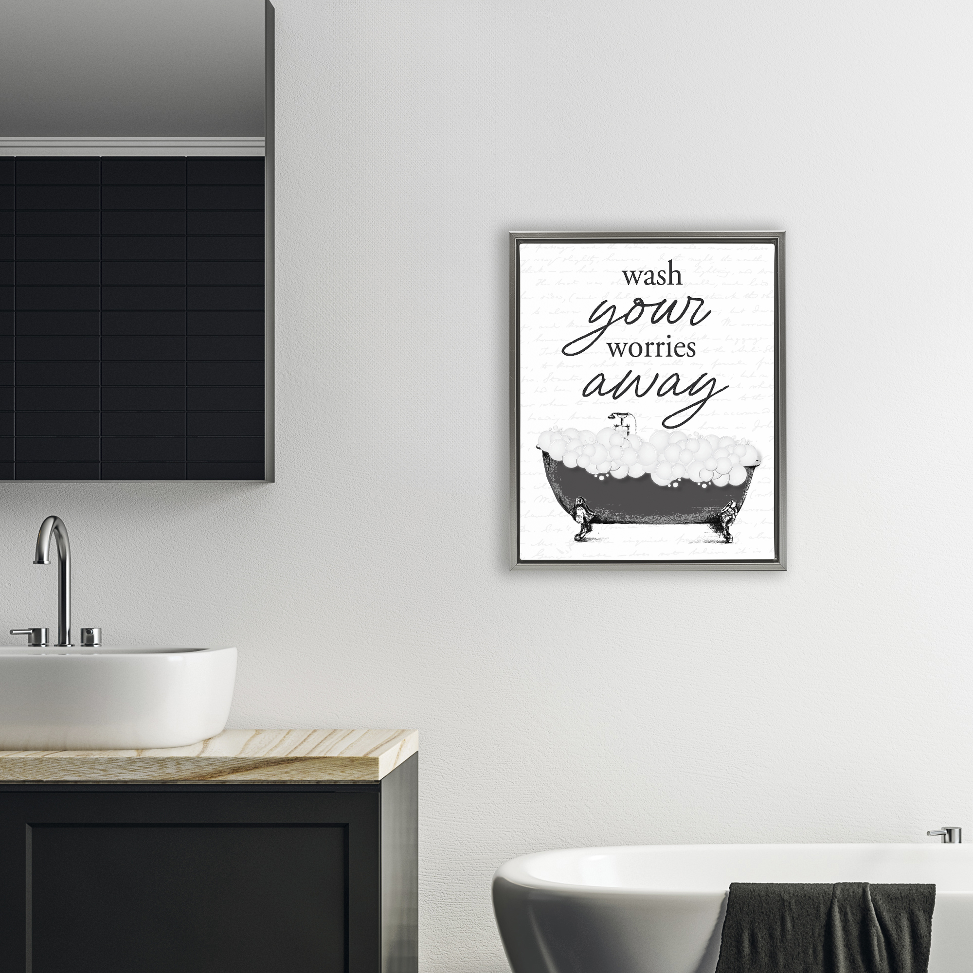 Bubble Bath Wash Worries Gray Framed Floater Canvas Wall Art, design by Lettered and Lined