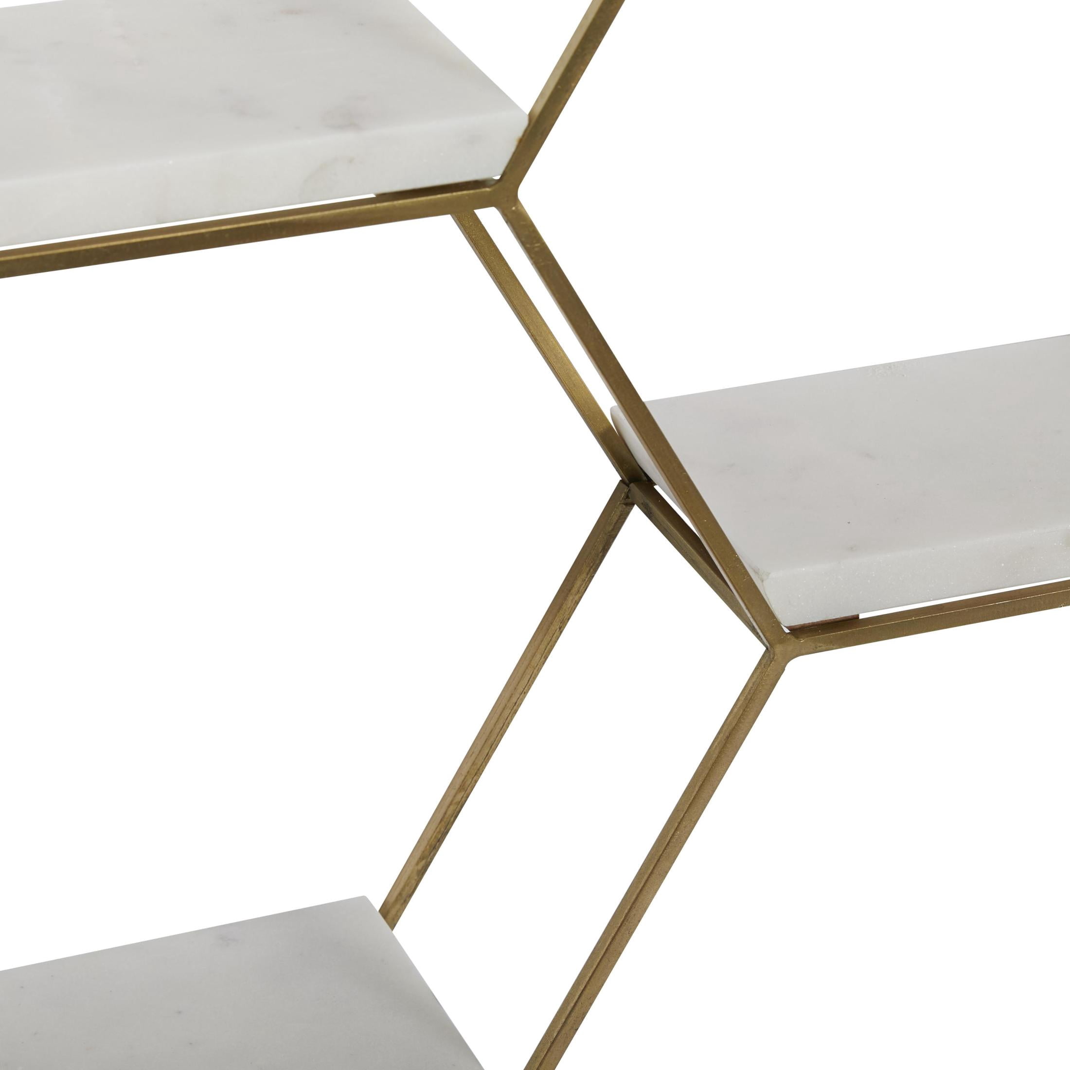 DecMode 24" x 6" Hexagon 3-Tier Gold Geometric Wall Shelf with 3 Marble Shelves