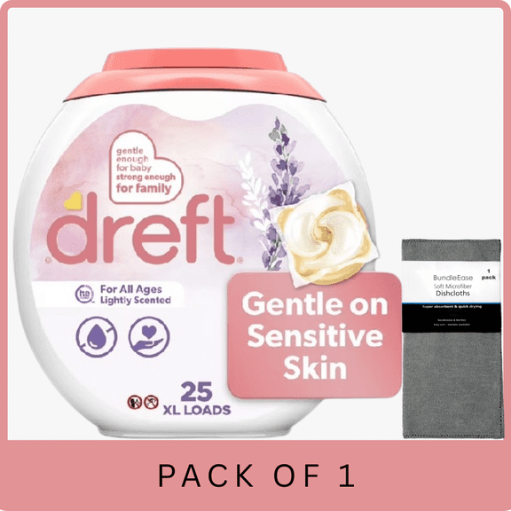 Dreft Baby Laundry Detergent XL Pacs, Lavender, 25 Count with Microfiber Solid Color Towel by BundleEase