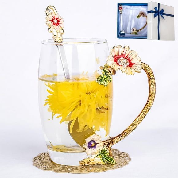 Taza de vidrio AISVELDY con forma de flor y té con cuchara