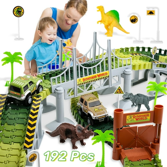 Super Joy Dinosaur Race Car Track Set for Kids Ages 3-9 - 20  Piece Flexible Dinosaur Toy Vehicles Playset with Road Tracks, Interactive STEM Learning Toy for Boys & Girls, Birthday Gift for Toddlers
