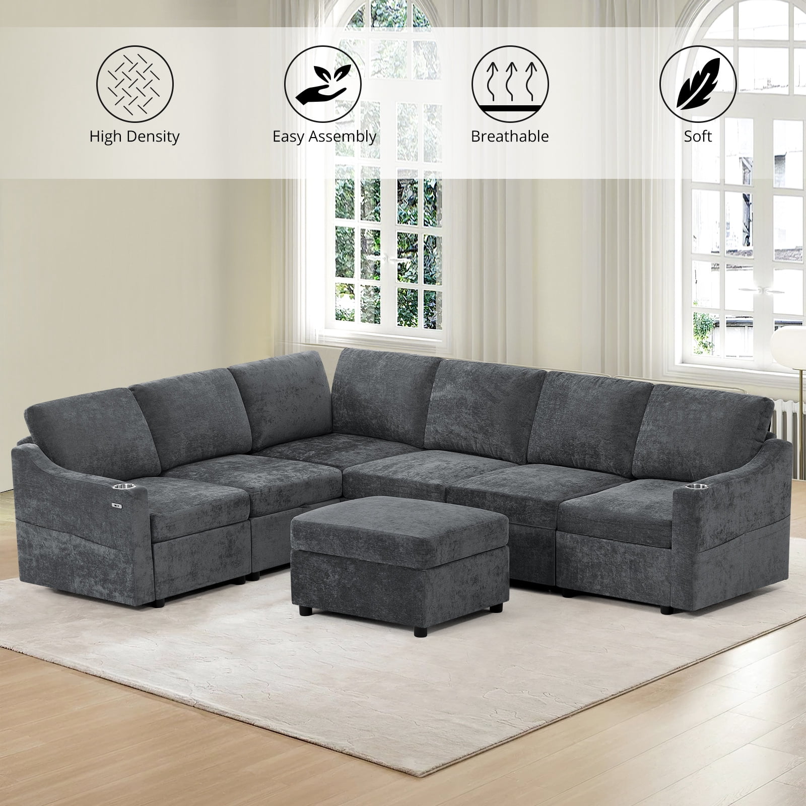 ACMEASE 116 Inches Chenille Sectional Couch w/Adjustable Backrests & Ottoman, Convertible U Shape Sleeper Sofa w/USB Ports, Modular Corner Sofa w/Pull-Out Bed & Storage Space for Living Room, Grey