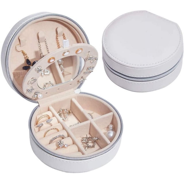 Joyero blanco, pequeño organizador de viaje para joyas, de piel sintética, para mujer y niña, portátil, para collares, pendientes, anillos y accesorios.