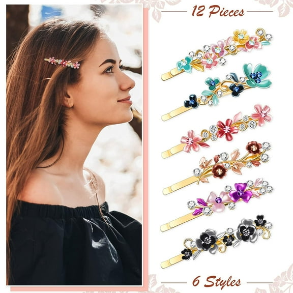 12 Pieces Vintage Flower Hair Pins,Women Barrette Bobby Pins,Decorative Metal Gold Tone Hairpins,Colorful Floral Design Hair Clips,French Rhinestone Decorative Accessories for Women Girls,DIY ,Springt