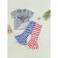 thumbnail image 2 of 4th of July Summer Outfits Western Toddler Baby Girl Short Sleeve Cow Print T-Shirts Tops Tassel Flare Pants Kids Clothes Set, 2 of 7