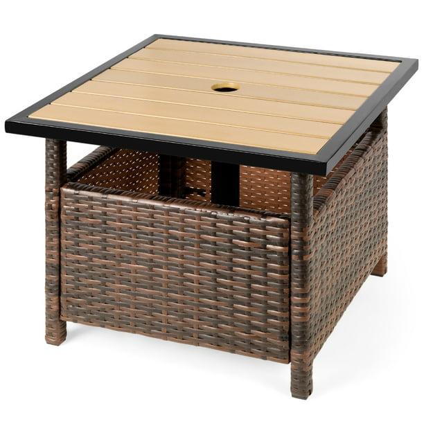 Best Choice Products Wicker Rattan Patio Side Table Outdoor Furniture For Garden Pool Deck W Umbrella Hole Brown Com - Insert For Patio Table With Umbrella Hole