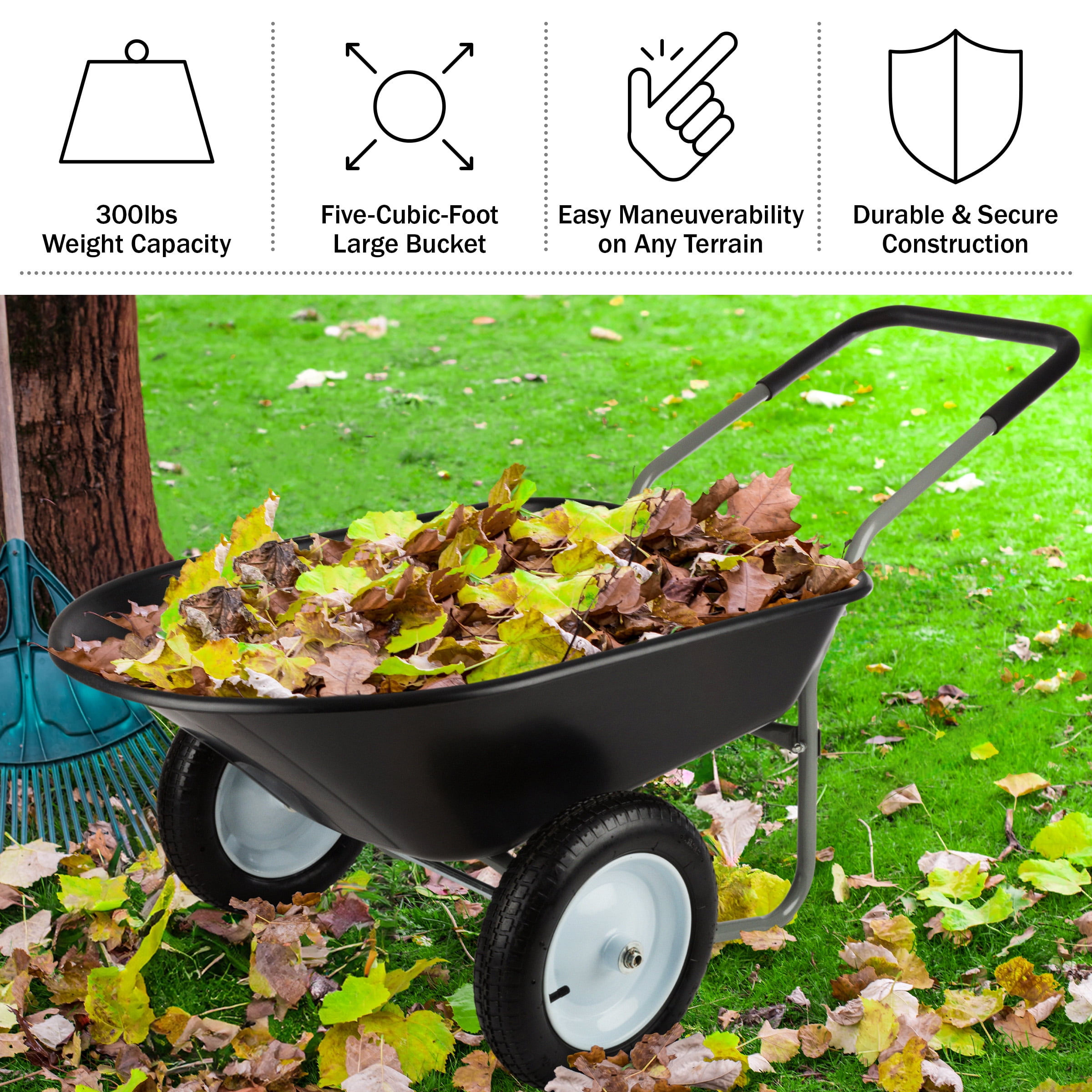 Pure Garden 2-Tire Wheelbarrow with 300lb Capacity and Padded Handle, Black
