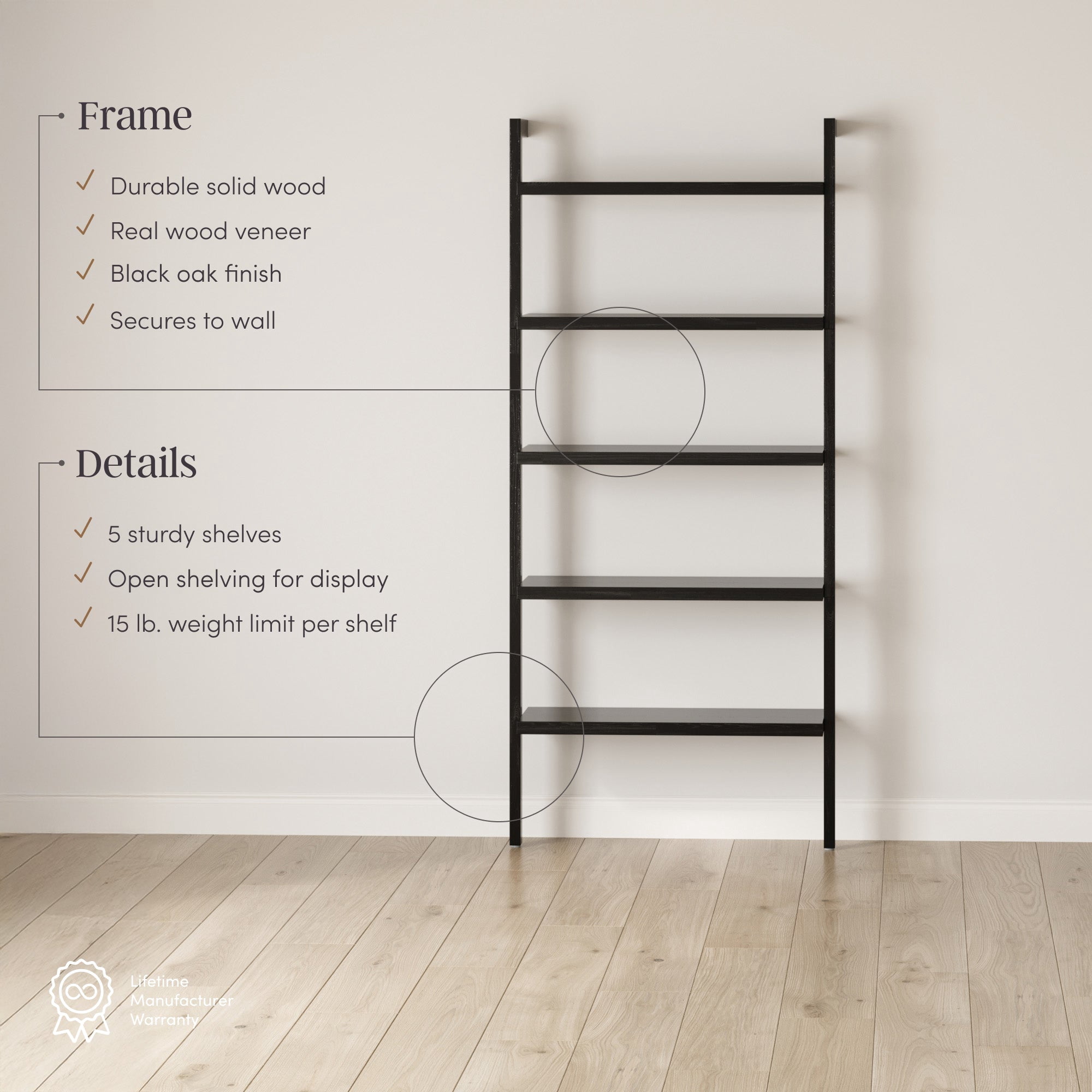 Nathan James Beacon Bohemian 5 Tier Bookshelf, Wall Mounted Bookcase, Solid Wood Bookshelf in Black Oak