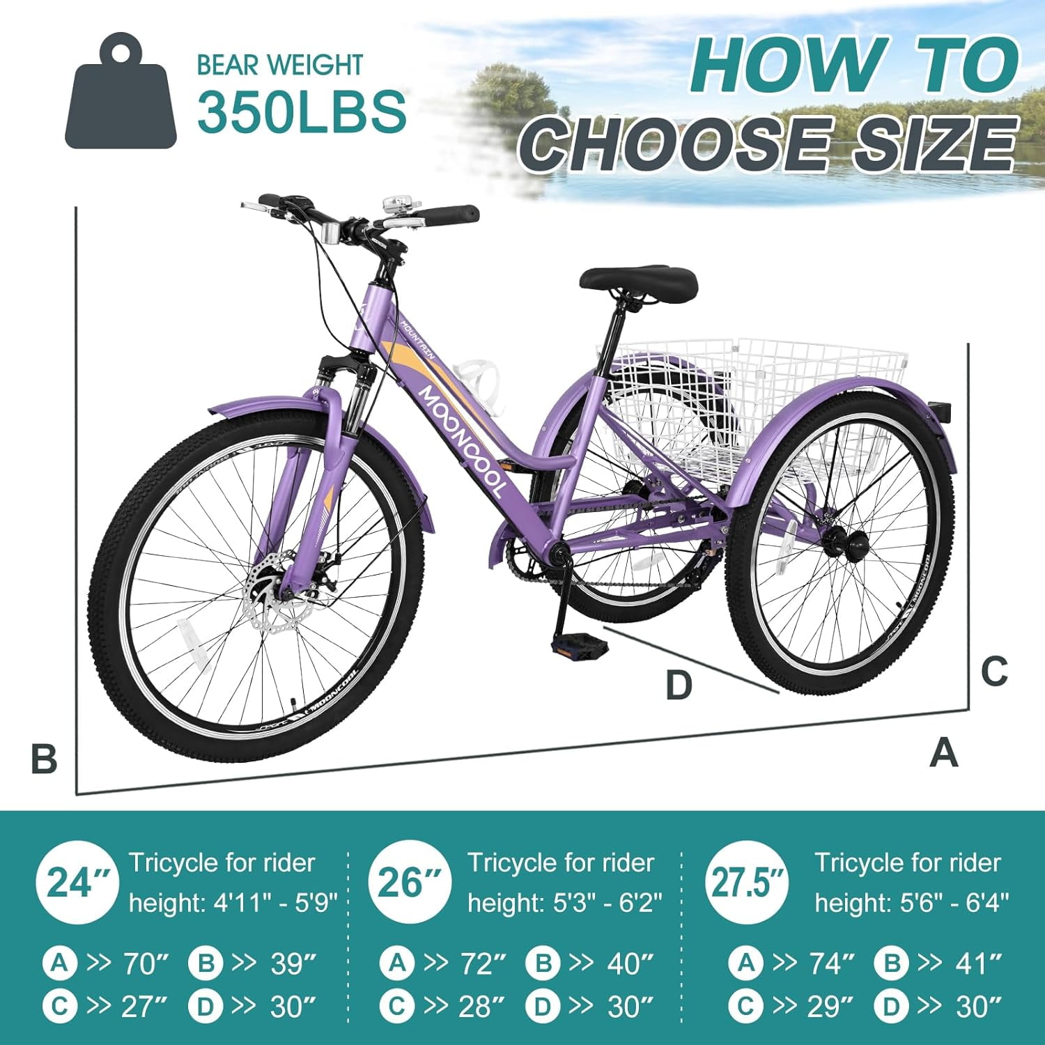 Slsy Mountain Tricycle for Adults, 24/26/27.5 Inch MTB 7 Speed Three Wheel Bike, Adults Tricycle with Cargo Basket for Adults, Women, Men, Seniors