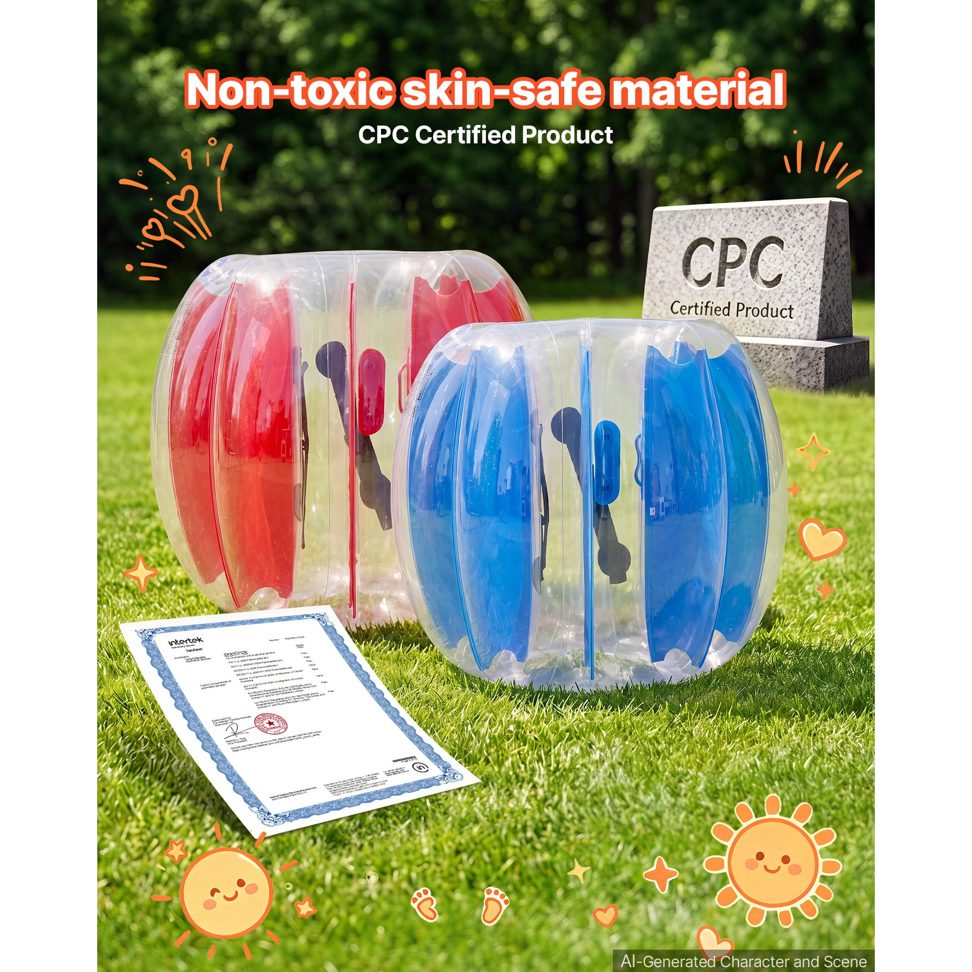 KFFKFF 2-Pack Inflatable Bumper Balls 3FT for Kids, Blue and Red, Ideal for Outdoor Activities like Backyard Games, Camping, Picnics, Parks, and Team Play, Durable PVC Material with Handles