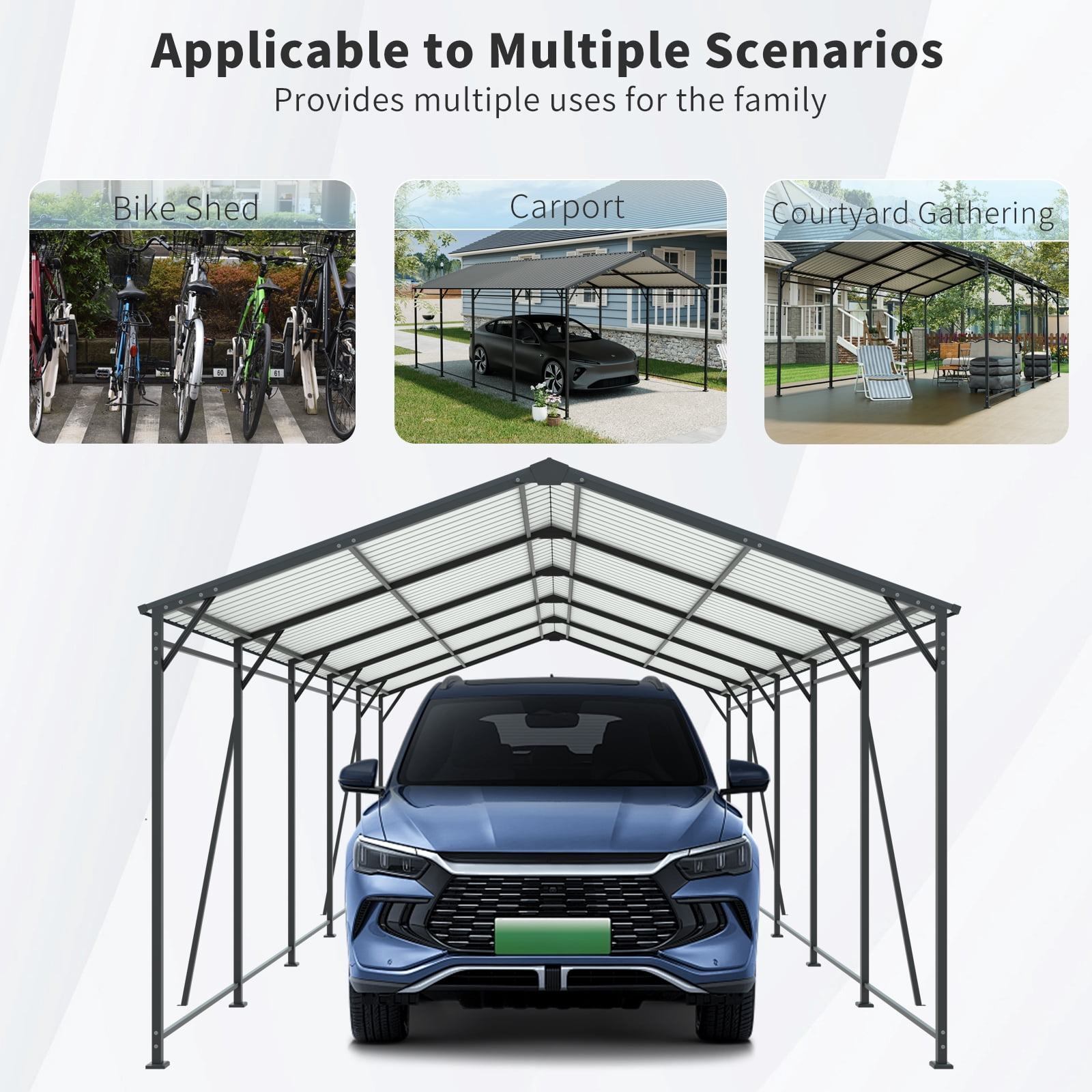 taoruifang 12x21 FT Heavy Duty Metal Carport, Galvanized Steel Roof & Frame Portable Garage for Car Truck Boat Tractor, Charcoal