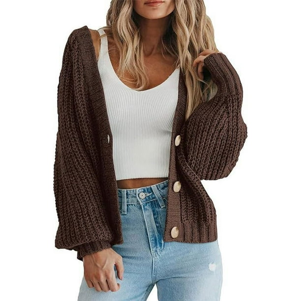 Suéter tipo cárdigan de punto grueso de moda de otoño e invierno para mujer, chaqueta tipo cárdigan corta holgada con botones y manga larga