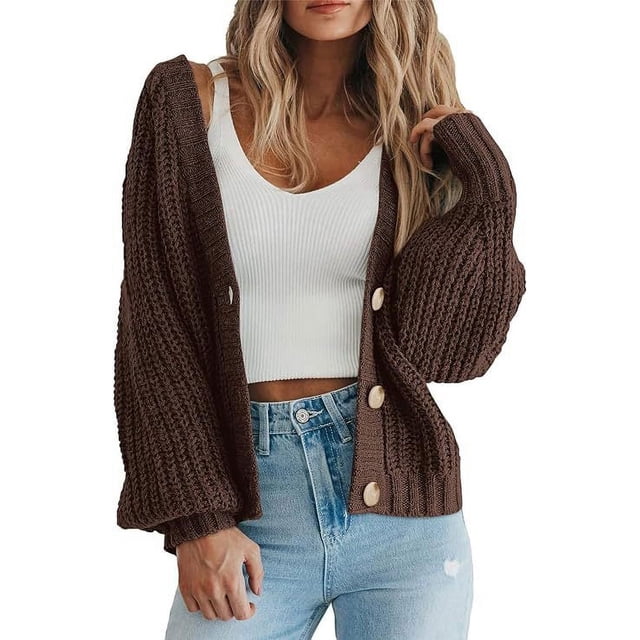 Suéter tipo cárdigan de punto grueso de moda de otoño e invierno para mujer, chaqueta tipo cárdigan corta holgada con botones y manga larga