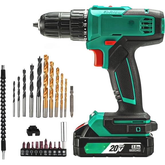 Cordless Drill Set, 336 in-lbs Torque, 3/8" Keyless Chuck, Electric Power Drill with 2.0Ah Battery and Charger,18 1 Position,25-Piece 20V Drill Driver Kit