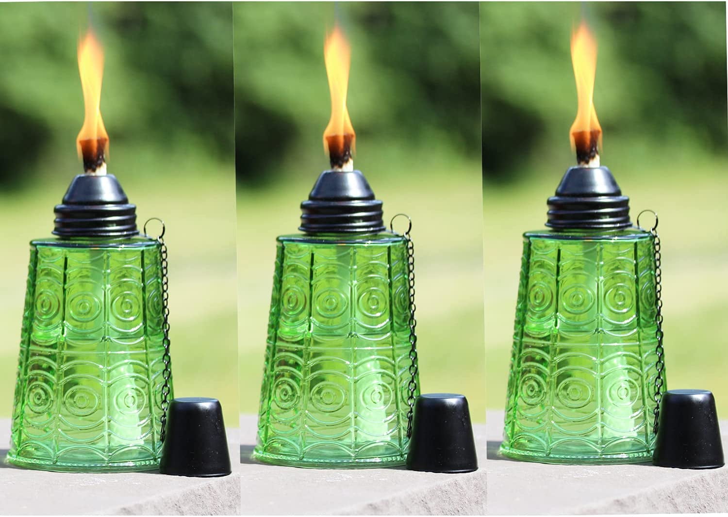 Citronella Glass Table Top Torches for Outdoor, Set of 3 (Green
