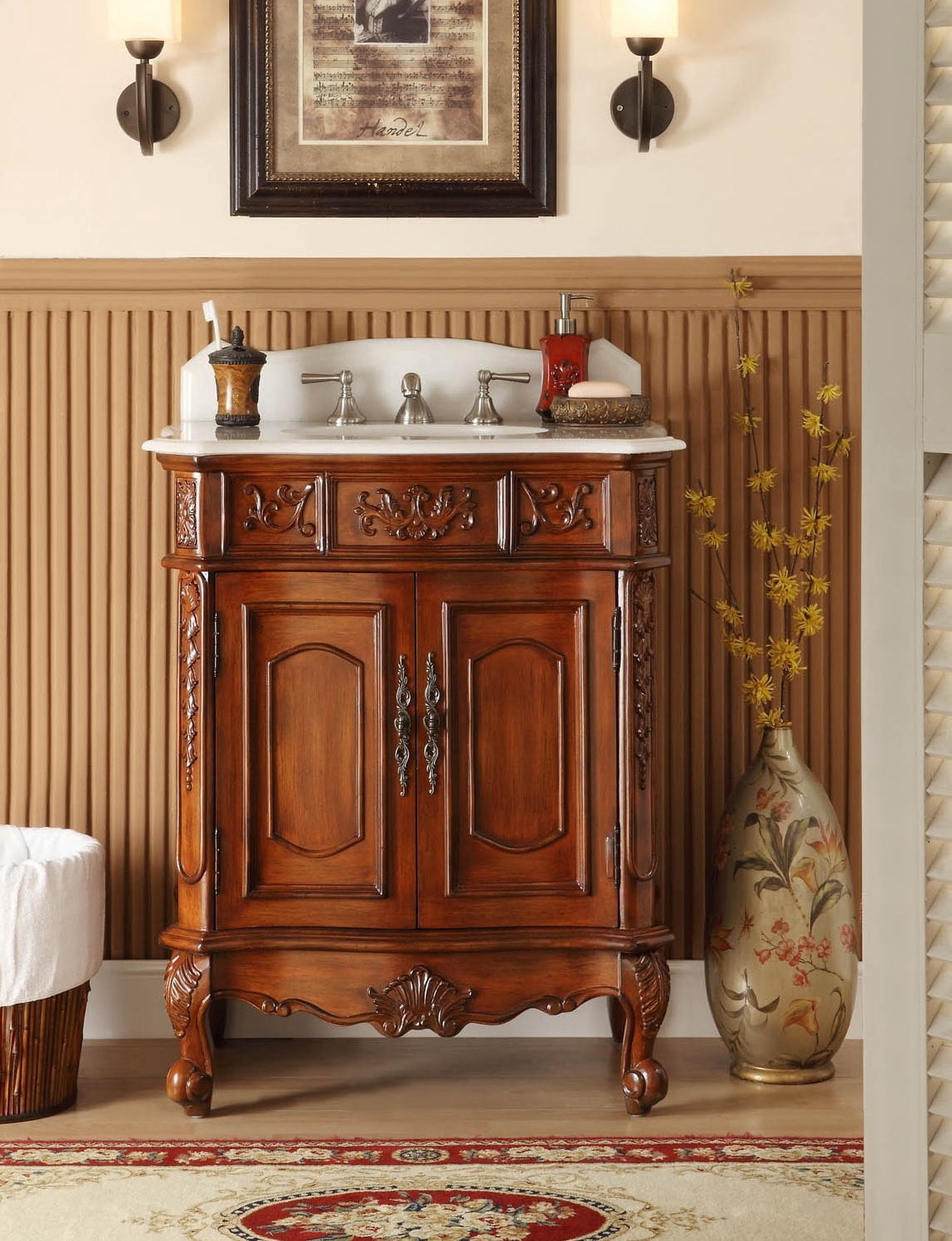 Benton Collection 30" Brown Antique Bathroom Vanity with White Marble Top