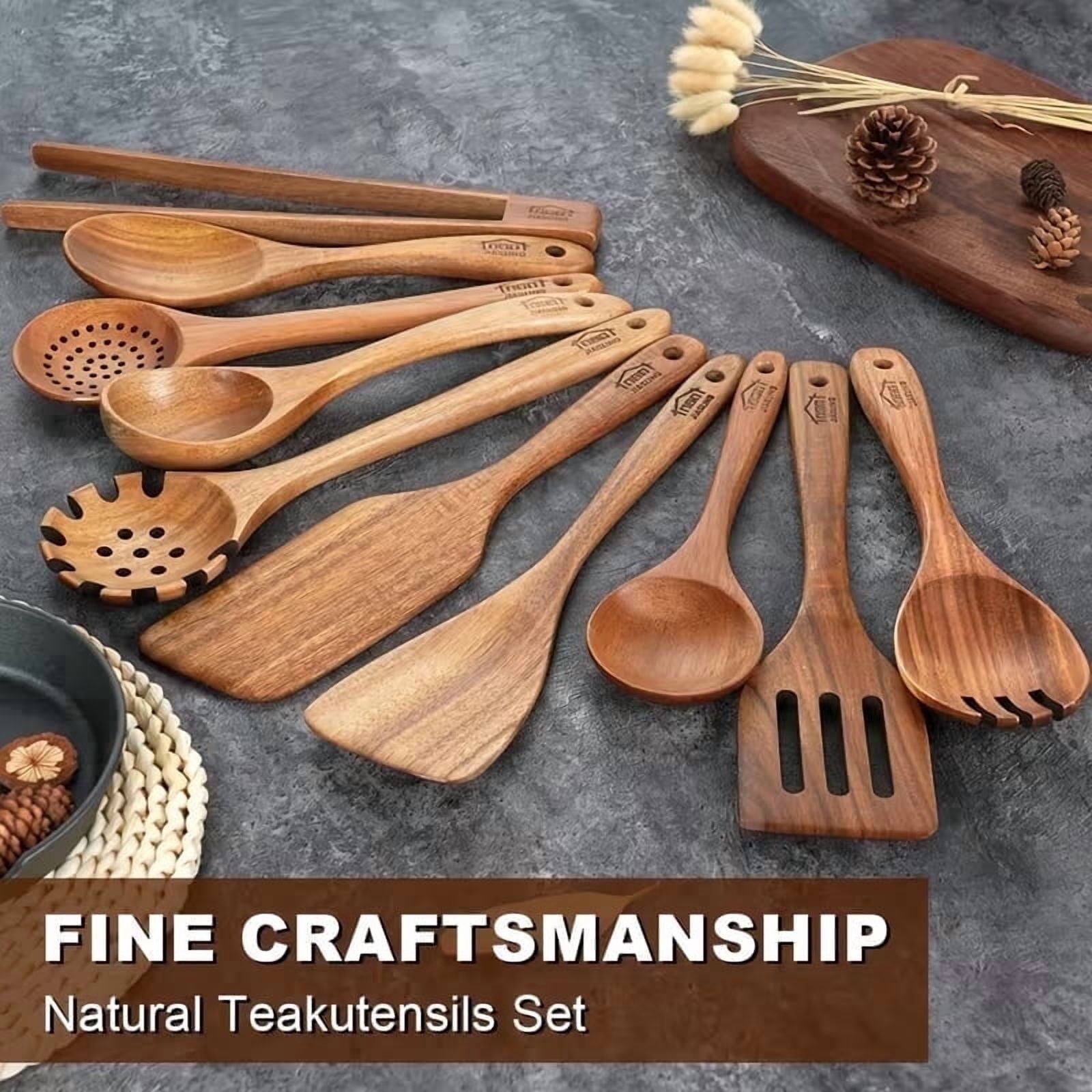 Jiasling Teak Wood Nonstick Cookware Safe Kitchen Utensil Sets 10 Pcs