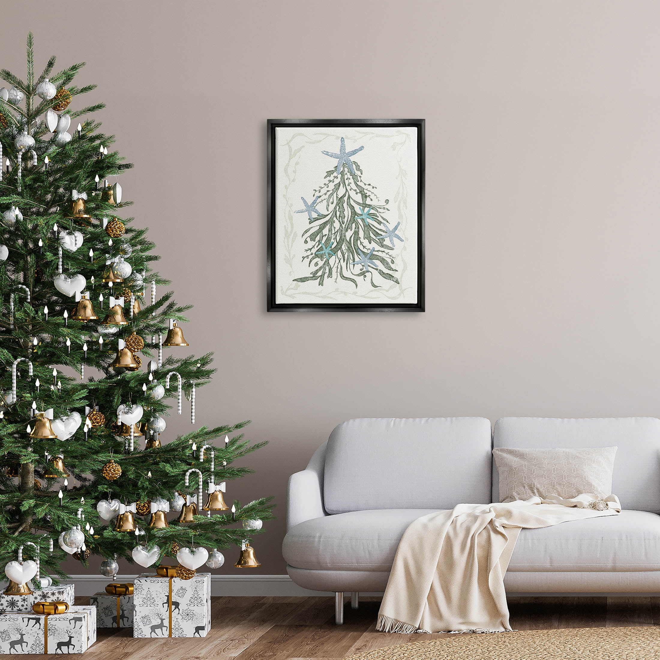 Nautical Christmas Tree Sea Life Holiday Graphic Art Jet Black Framed Art Print Wall Art