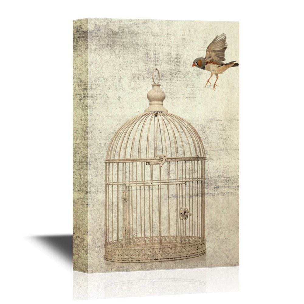 wall26 Canvas Wall Art Bird Flying Above the Bird Cage on Vintage