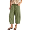 thumbnail image 4 of Wide Leg Capri Pants Women Flowy Cotton Drawstring Elastic Waist Cropped Pants Summer Casual Boho Beach Pants with Pockets Mint Green, 4 of 9
