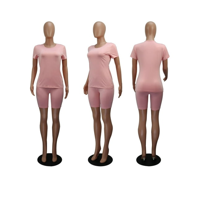Kmbangi Women 2PCS Sports Set +Slim Solid Color Top Short High Waist Pants Tracksuit Set
