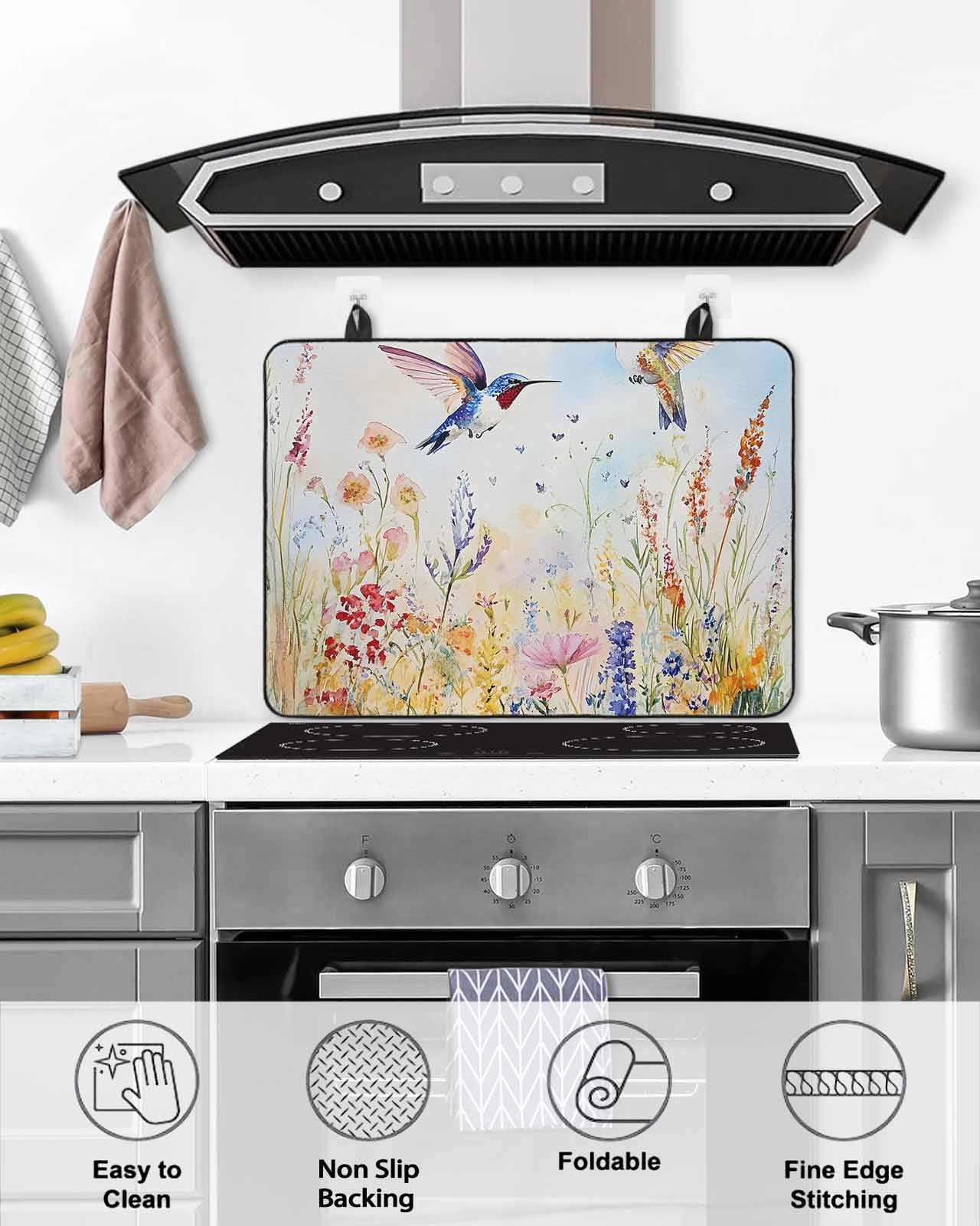 nqOlkjepod Large Induction Cooktop Protector Mat 24"x21", Spring Hummingbird Floral Stove Top Covers for Electric Stove, Farmhouse Flower Botanical Stove Burner Cover Mats, Glass Top Stove Cover
