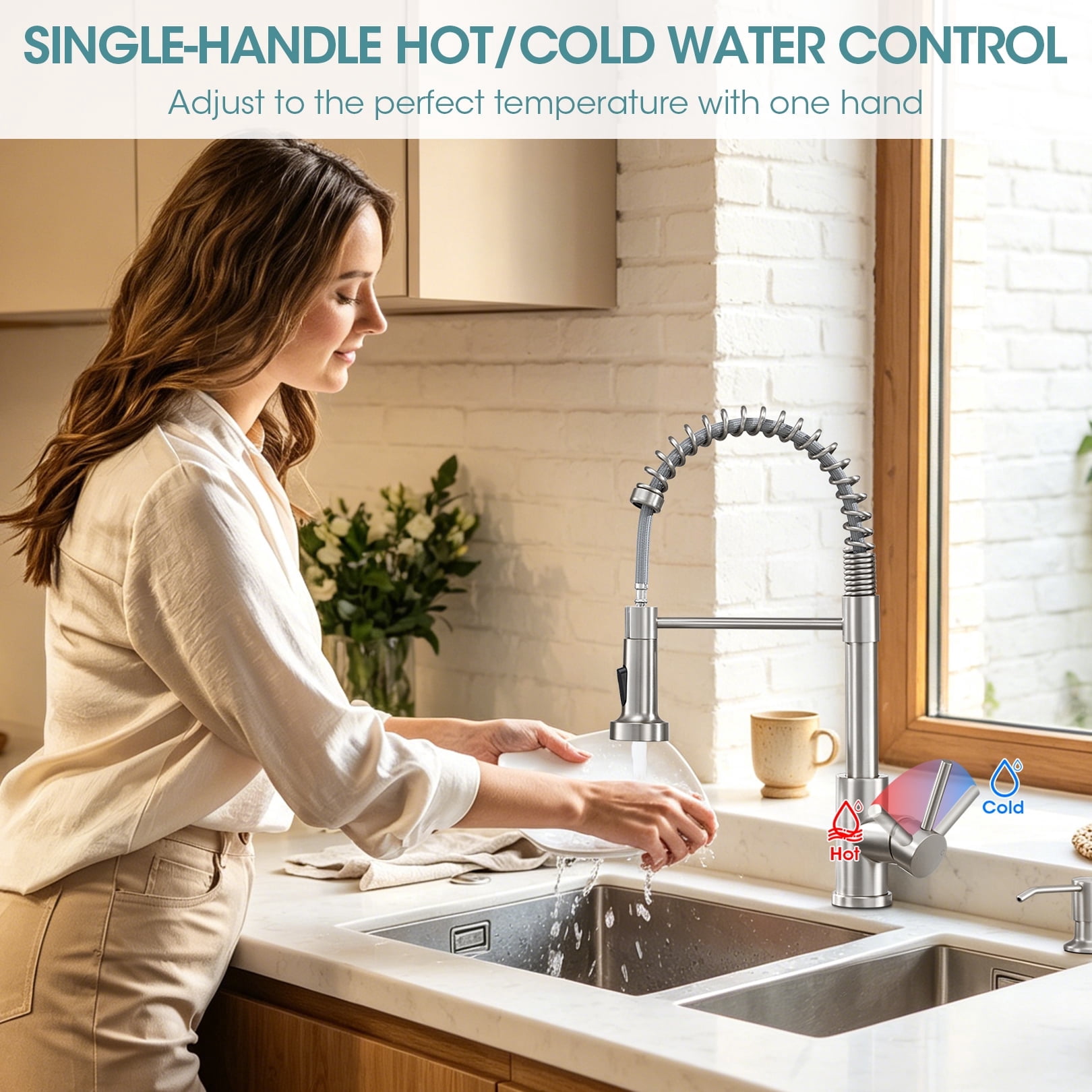 Wowkk Kitchen Sink Faucets with Pull Down Sprayer and Soap Dispenser, 304 Stainless Steel Single Handle Kitchen Faucet, 2 Water Modes with Deck Plate for Laundry Utility Camper, Brushed Nickel