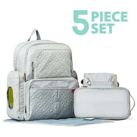 SoHo Collections, Diaper Bag Backpack with Stroller Straps, 5 Piece Complete Set, Manhattan (Silver Gray)
