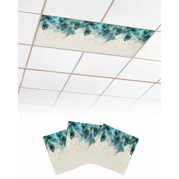Fluorescent Light Covers for Ceiling Lights 3 Pack, Teal Feather Magnetic Ceiling Light Covers 2x4 Feet for Classroom Office School, Farmhouse Feather Art Teal Ombre Overhead Drop Ceiling Light Shade